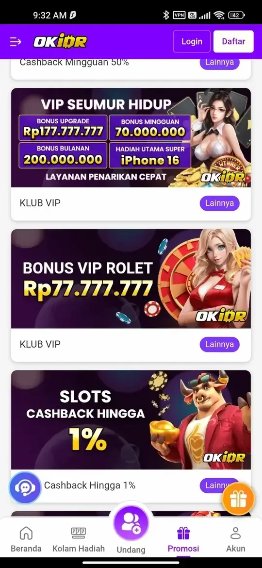 Promosi VIP dan bonus OKIDR